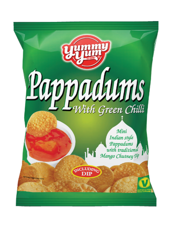 Yummy Yum Pappadums (Poppadoms) with Green Chilli & Mango Dip 12 x 90g